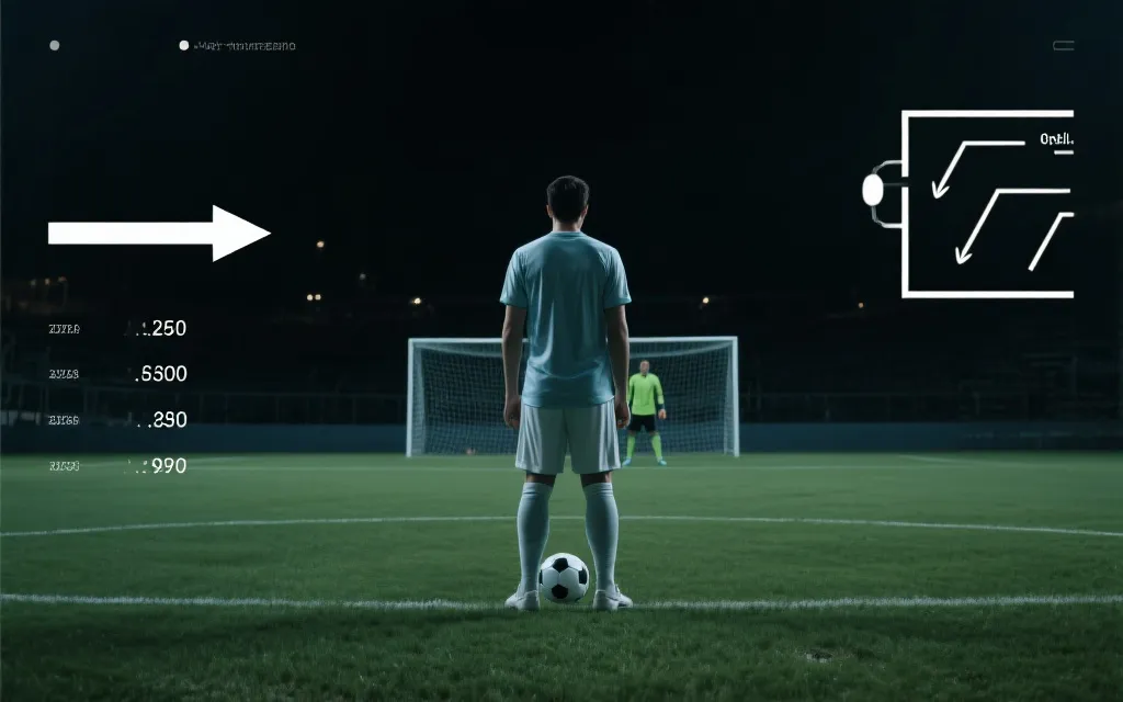 点球大战复盘画面：球员背影、门将站位与数据标注风格